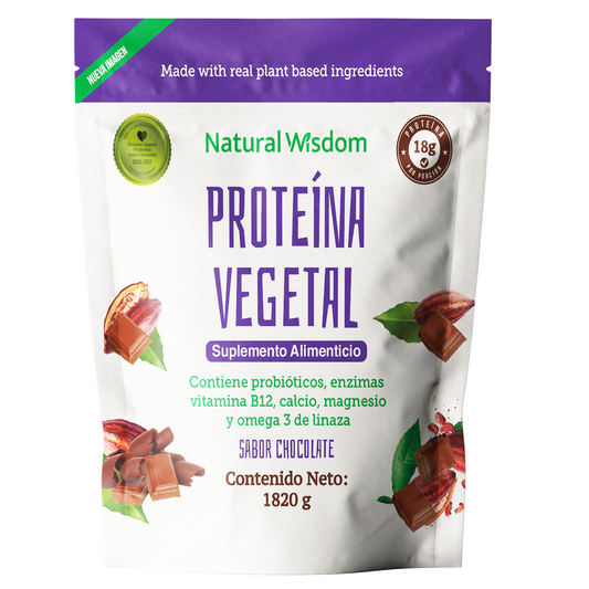 Proteína Vegetal con Probióticos, Enzimas, Omega 3 de Linaza, B12, Calcio y Magnesio 35g de Natural Wisdom | Fortalece el sistema inmune y apoya el al sistema digestivo | Polvo de 1820g Sabor Chocolate