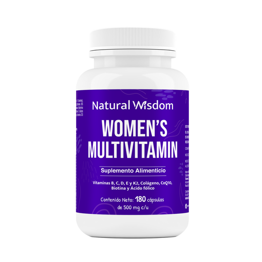 Multivitamínico para Mujeres con Vitaminas C, D, E, K2 .- Colágeno, Biotina y Ácido fólico 500mg de Natural Wisdom | Formulada para apoyar la función inmune y hormonal de las mujeres, proporcionando energía y vitalidad | 180 Cápsulas Vegetales