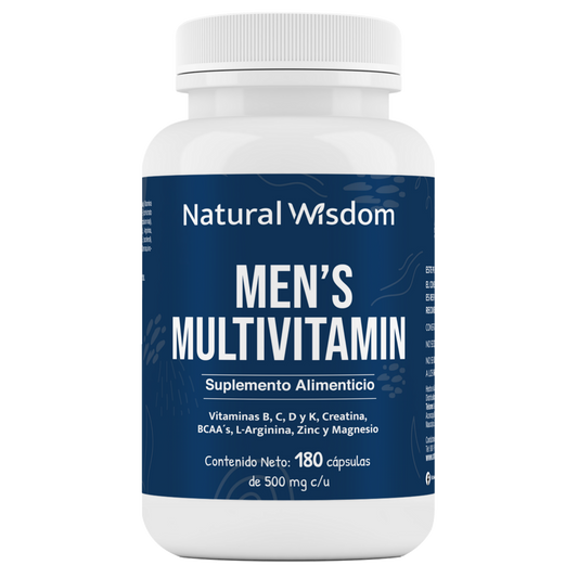 Multivitamínico para Hombres con Vitaminas B, C, D y K - Magnesio, BAA's, L-Arginina y Zinc 500mg de Natural Wisdom | Formulado para fortalecer el sistema inmune de los hombres y apoyo de la función prostática | 180 Cápsulas Vegetales