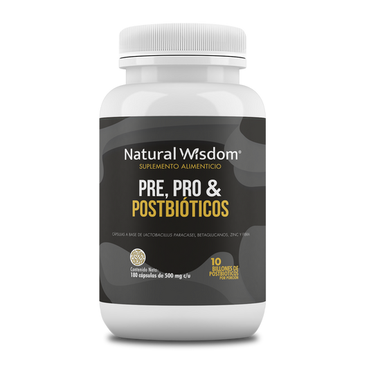 Prebióticos, Probióticos & Postbióticos 500mg de Natural Wisdom | Promueve el equilibrio de la microbiota, mejorando la digestión y apoya el sistema inmunológico | 180 Cápsulas Vegetales