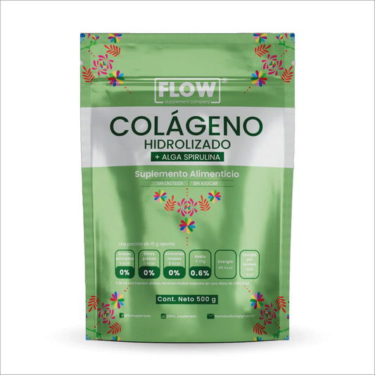 Colágeno Hidrolizado + Alga Spirulina 15mg con vitaminas de Flow Supplement |  Formulado para fortalecer huesos y articulaciones, aumentando los niveles de energía  | Polvo de 500g