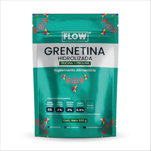 Grenetina Hidrolizada Glicina + Prolina con Vitamina C y D 15g de Flow Supplement  | Fortalece Cabello, Piel y Uñas | Polvo con 500g