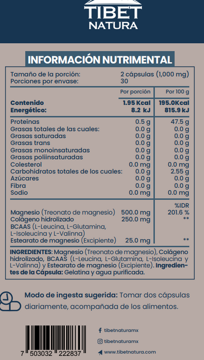 Treonato de magnesio + Colágeno hidrolizado + BCAAS 1000mg por porción de Tibet Natura |  Diseñado para apoyar la función cerebral y cognitiva, aliviando el estrés y ansiedad |  60 cápsulas vegetales