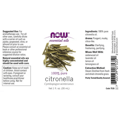 Aceite de Citronela, NOW, 100% puro | Bienestar Natural | 30 ml
