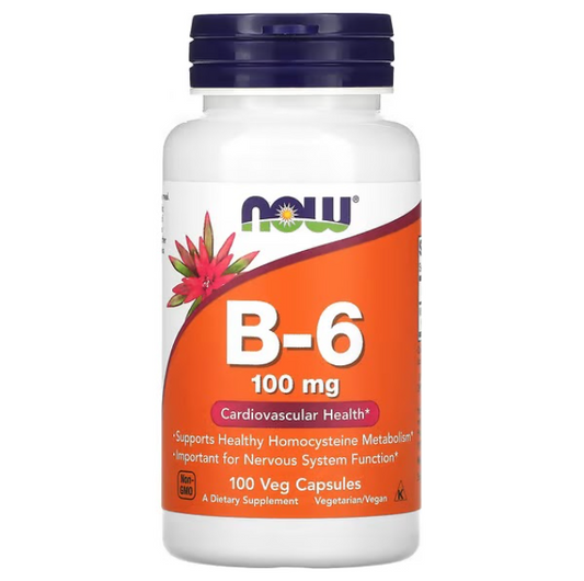 Vitamina B6 100 mg NOW Foods | Apoyo Cardiovascular y Función Nerviosa | 100 Cápsulas Vegetarianas