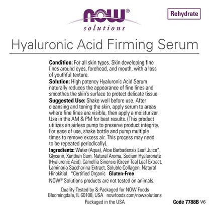 Ácido Hialurónico de Now |  Sérum Reafirmante Firmeza y Elasticidad | 30 ml
