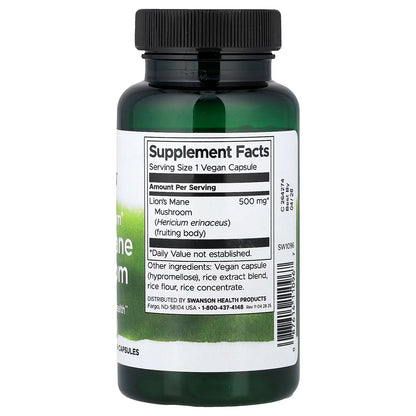 Hongo Melena de León 500 mg de Swanson | Promueve la función cognitiva, la concentración y la memoria | 60 cápsulas vegetales