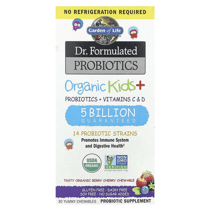 Dr. Formulated Probiotics Organic Kids | Mezcla probiótica infantil 14 cepas bacterianas | 30 tabletas masticables