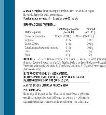 L-Glutamina, Omega 3, Bacopa, Complejo B 600mg de Inner F-CUS | Apoyo de la función Cognitiva, Memoria y Concentración | 30 cápsulas vegetales
