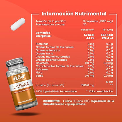 L-Lisina 1500mg por porción de Flow Supplements | Promueve la función del sistema inmunológico y cardiovascular | 90 cápsulas vegetales