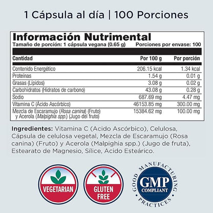 Vitamina C 300mg con Rosa Mosqueta de KAL | Sistema inmunológico, Antioxidante, Apoya el bienestar de la piel y la producción de colágeno | 100 Cápsulas veganas
