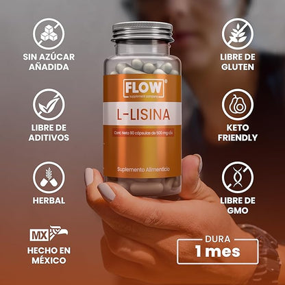 L-Lisina 1500mg por porción de Flow Supplements | Promueve la función del sistema inmunológico y cardiovascular | 90 cápsulas vegetales