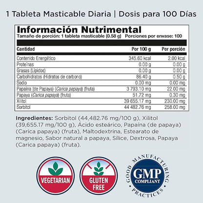 Papaya Zyme de KAL Enzimas Digestivas | Proporciona enzimas naturales para una digestión más cómoda y eficiente | 100 Tabletas masticables