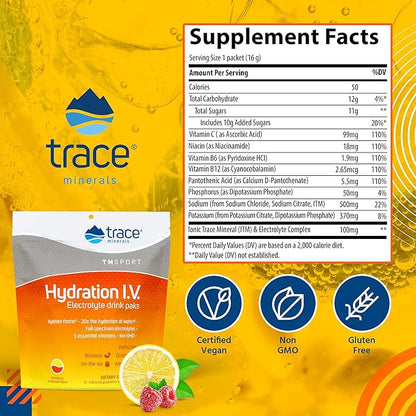 Mezcla de Electrolitos con Vitaminas Esenciales Hydration I.V. de Trace Minerals |  Hidratación Eficaz y Rápida, Bajo en Calorías, Sabor a Limonada de Frambuesa | 256g en 16 Sobres de 16g