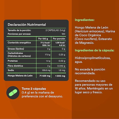Hongo Melena de León 700mg - Ruge de Wu Nutrition | Promueve la función del sistema nervioso,  a nivel cognitivo y memoria | 120 cápsulas vegetales