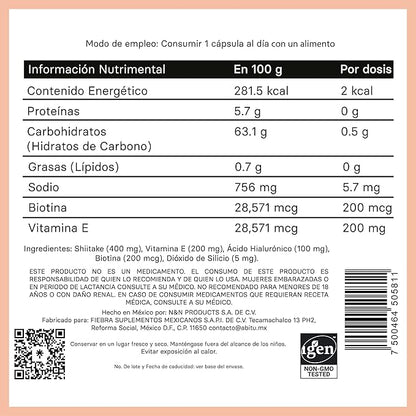 Shiitake Biotina Ácido Hialurónico 765mg Glow Abitü | Piel Radiante | 30 Cápsulas veganas