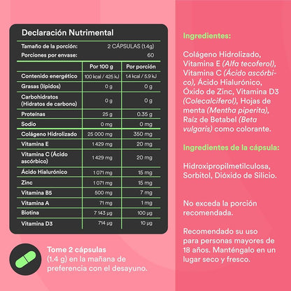 Colágeno + Ácido Hialurónico + Biotina y Vitaminas A,C,D3, E y Zinc Brilla de WU Nutrition | Fortalece Uñas, Cabello, Piel, Huesos y Articulaciones | 120 cápsulas vegetales