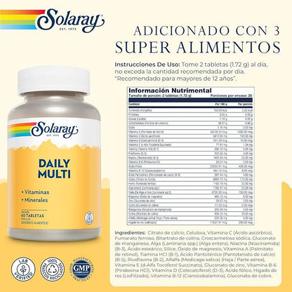 Multivitamínico Daily Multi de Solaray Vitaminas y Minerales | Refuerza el sistema inmunológico, apoya la producción de energía y reduce el cansancio | 60 tabletas