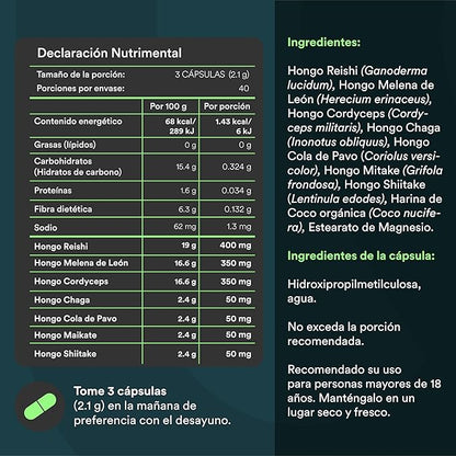 Mezcla de Hongos Adaptógenos, Reishi, Melena de León, Cordyceps, Chaga, entre otros 700mg Adapta de WU Nutrition  | Acción antioxidante, antiinflamatoria, que promueve un sistema inmunológico saludable | 120 cápsulas vegetales