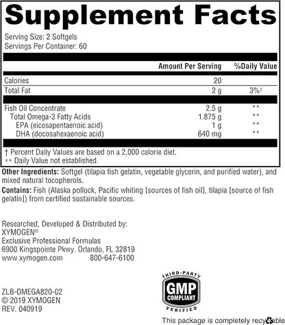 Omega 3, OmegaPure 820 de Xymogen EPA DHA | Bienestar Cardiovascular, función cognitiva | 120 Cápsulas Blandas