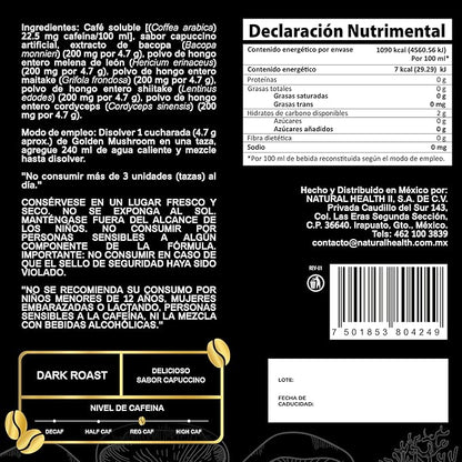Golden Mushroom de Natural Health | Café Soluble con Adaptógenos y Hongos Funcionales | Polvos 300 gr