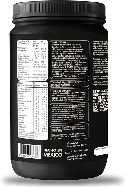 Mezcla de Proteínas veganas con Creatina y Probióticos de Quenut | Nutrición Deportiva | Apoyo Muscular - Recuperación post entrenamiento | Polvos de 1kg Sabor Chocolate y Vainilla