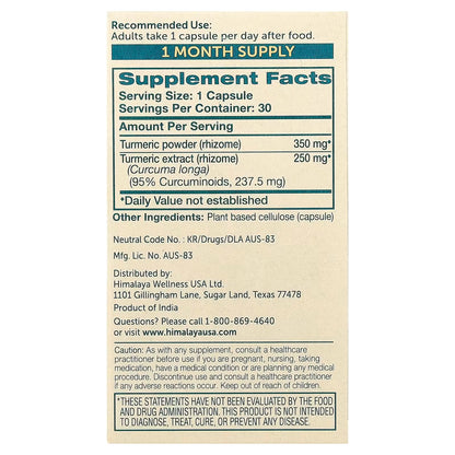 Cúrcuma 95, Turmeric 95 Himalaya | Favorece el bienestar digestivo | 30 Cápsulas