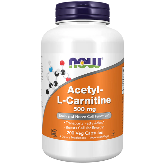 Acetil L-Carnitina 500 mg de Now Foods | Ayuda en la producción de energía celular| 200 Cápsulas Vegetales