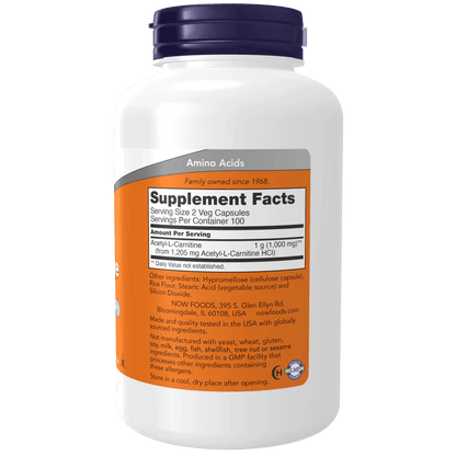 Acetil L-Carnitina 500 mg de Now Foods | Ayuda en la producción de energía celular| 200 Cápsulas Vegetales