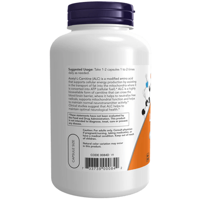 Acetil L-Carnitina 500 mg de Now Foods | Ayuda en la producción de energía celular| 200 Cápsulas Vegetales