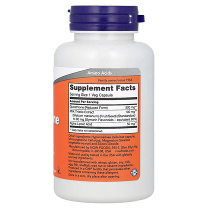 Glutatión 500 mg con Extracto de Cardo Mariano y Ácido Alfa Lipoico de Now Foods | 30 y 60 Cápsulas Vegetales