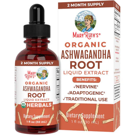 Raíz de Ashwagandha Orgánica 590 mg de Mary Ruth's | Ayuda a equilibrar el Cortisol - Proporciona un buen Sueño y Descanso | Gotero de 30ml - 60 servicios