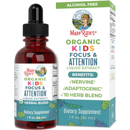 Extracto de Mezcla Orgánica Patentada 1180mg -  Enfoque y Atención de Niños de Mary Ruth's 1ml por porción | Apoya la concentración y claridad mental en los niños | Gotero de 30ml - 30 servicios