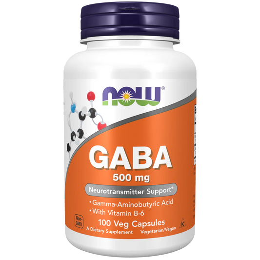 Ácido Gamma-Aminobutírico con Vitamina B6, GABA 500 mg de NOW Foods | Ayuda a equilibrar los niveles de estrés y favorece la calma | 100 Cápsulas Veganas