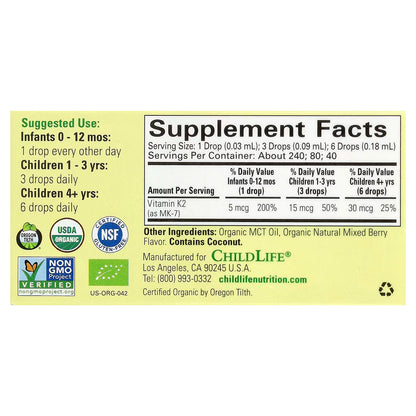 Vitamina K2 Orgánica 5mcg por gota de Child Life | Contribuye al desarrollo y fortalecimiento de los huesos | Liquido de 7.5 ml Sabor Natural a Bayas