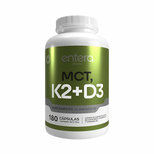 K2+D3 + Aceite MCT 600mg de Entera Pharma | Soporte nutricional práctico en el mantenimiento de huesos, función muscular y bienestar general | 180 cápsulas vegetarianas