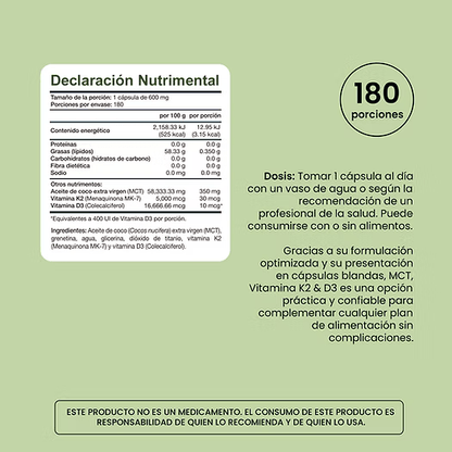 K2+D3 + Aceite MCT 600mg de Entera Pharma | Soporte nutricional práctico en el mantenimiento de huesos, función muscular y bienestar general | 180 cápsulas vegetarianas