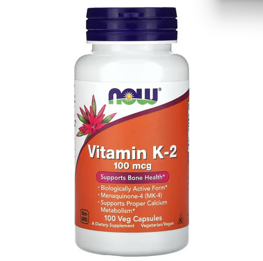 Vitamina K-2 100 mcg de NOW Foods - Soporte Óseo, Forma Biológicamente Activa Menaquinona-4 (MK-4), Metabolismo del Calcio | 100 Cápsulas Vegetales