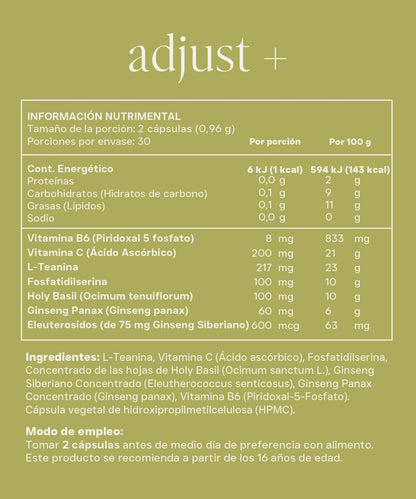 L-Teanina y Ginseng, Adjust+ de Reset | Apoya el manejo del estrés y la calma mental | 60 cápsulas