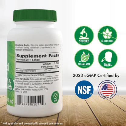 Resveratrol 100 mg de Health Thru Nutrition | Actúa como antiinflamatorio y antioxidante | 60 cápsulas Blandas