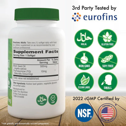 Aceite de Semilla Negra (Black Seed Oil) 500 mg + 2% de Timoquinona de Health Thru Nutrition | Promueve el Bienestar General - Cuidado del Sistema Inmunológico | 100 cápsulas Blandas