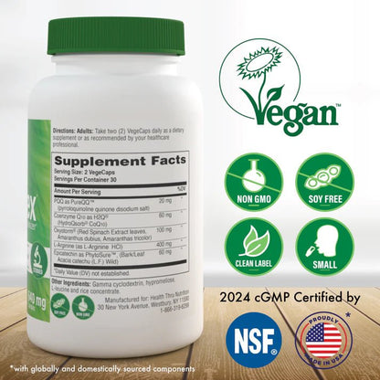 PureQQ 20mg + Coenzima Q10 60mg + L-Arginina 400mg CelluRex 640 mg de Health Thru Nutrition | Apoya la circulación | 60 cápsulas Blandas