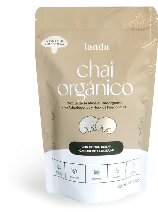 Té Masala Orgánico, Jengibre, Canela, Pimienta & Reishi 5g de Landa Adaptógenos | Bienestar Digestivo - Antioxidante - Vitalidad | Polvo de 140g - 36 porciones