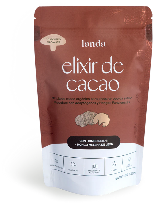 Cacao Orgánico en polvo + Reishi y Melena de León 5g - Elixir de Cacao de Landa Adaptógeno | Apoyo Cognitivo - Antioxidante | Polvo de 150g Sabor Chocolate