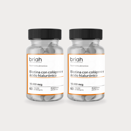 Duo Biotina con colágeno y ácido Hialurónico de Briah | 60 Cápsulas
