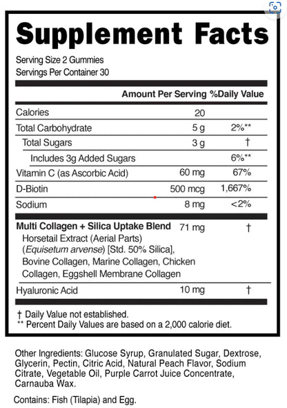 Colágeno Multi con Vitaminas C, Biotina, Silicio y Ácido Hialurónico de Humble | Apoyo para Uñas, Cabello y Piel | 60 gomitas, sabor durazno