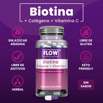 Biotina + Colágeno + Vitamina C 1500mg por porción de Flow Supplements | Ideal para quienes buscan mantener su piel firme y elástica, y fortalecer su cabello y uñas | 90 cápsulas vegetales