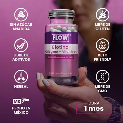 Biotina + Colágeno + Vitamina C 1500mg por porción de Flow Supplements | Ideal para quienes buscan mantener su piel firme y elástica, y fortalecer su cabello y uñas | 90 cápsulas vegetales