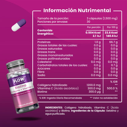 Biotina + Colágeno + Vitamina C 1500mg por porción de Flow Supplements | Ideal para quienes buscan mantener su piel firme y elástica, y fortalecer su cabello y uñas | 90 cápsulas vegetales