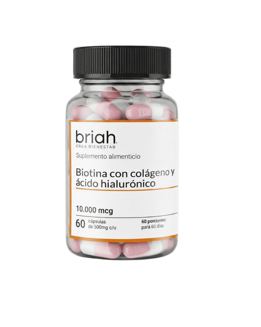 Biotina 10.000 microgramos por porción + colágeno + ácido hialurónico Briah | Crecimiento de cabello y uñas | 60 cápsulas